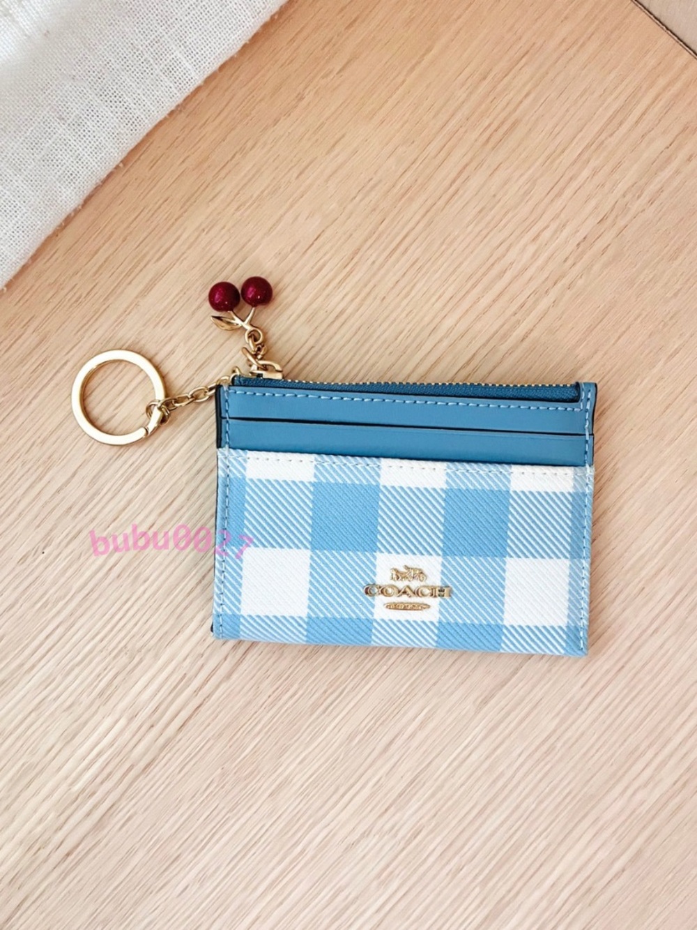 NWT🍬Coach Mini Skinny Id Card Case With Gingham Print Cherry Charm Blue CFA31